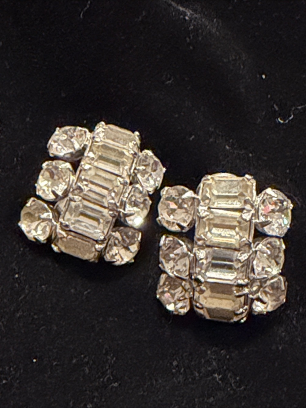 Vintage EISENBERG Emerald Cut Clear Rhinestone Clip Earrings